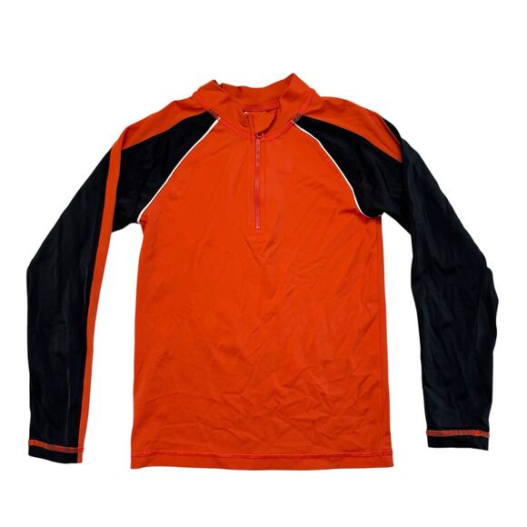 HANNA ANDERSSON Rash Guard Top in Orange Black Zipper Size 8 130 Long Sleeve